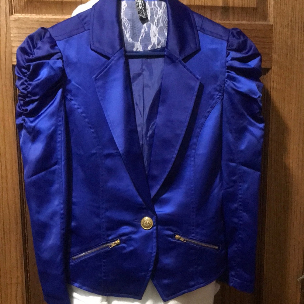 Elegant Blue Satin Blazer with Ruched Sleeves
